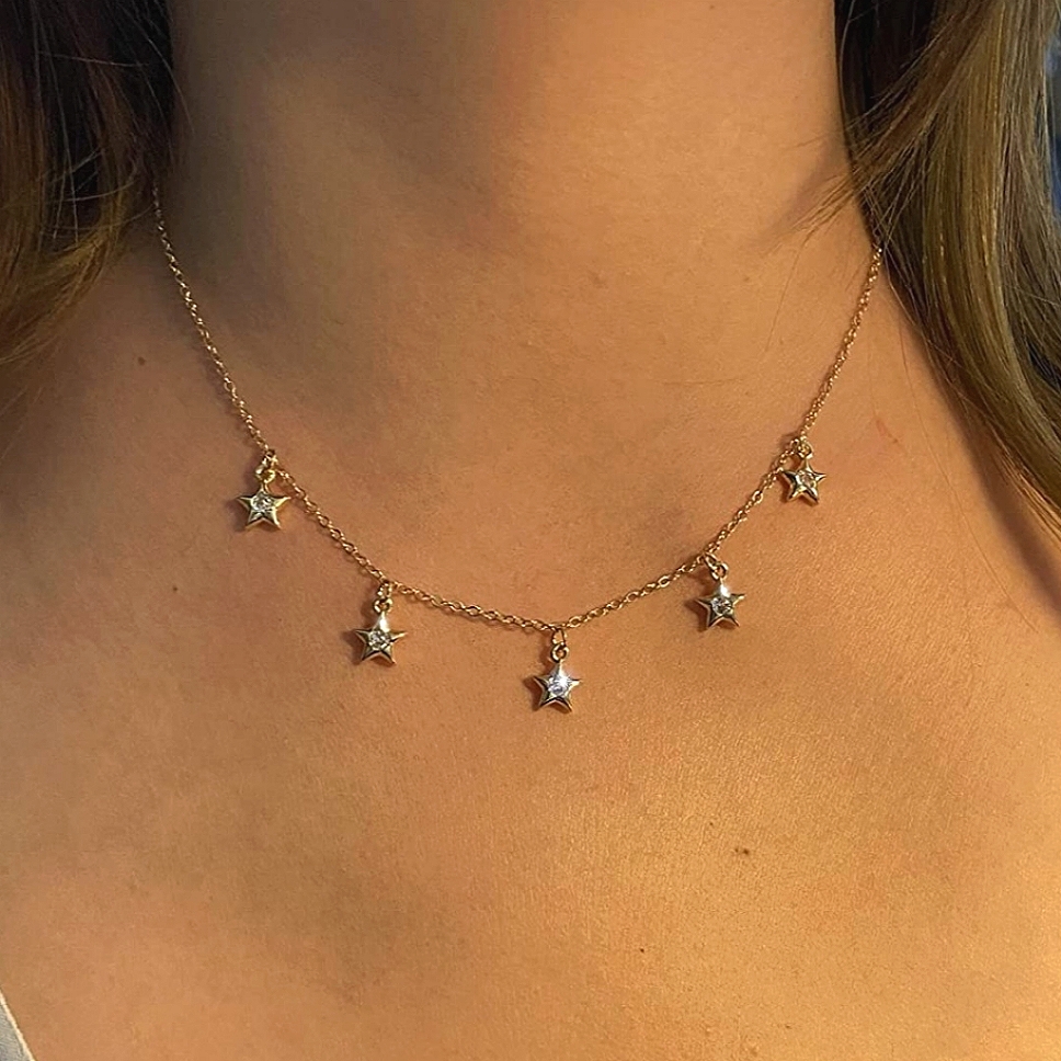 18k Gold Dainty Tiny Cz 16 Inch Star Choker 89$